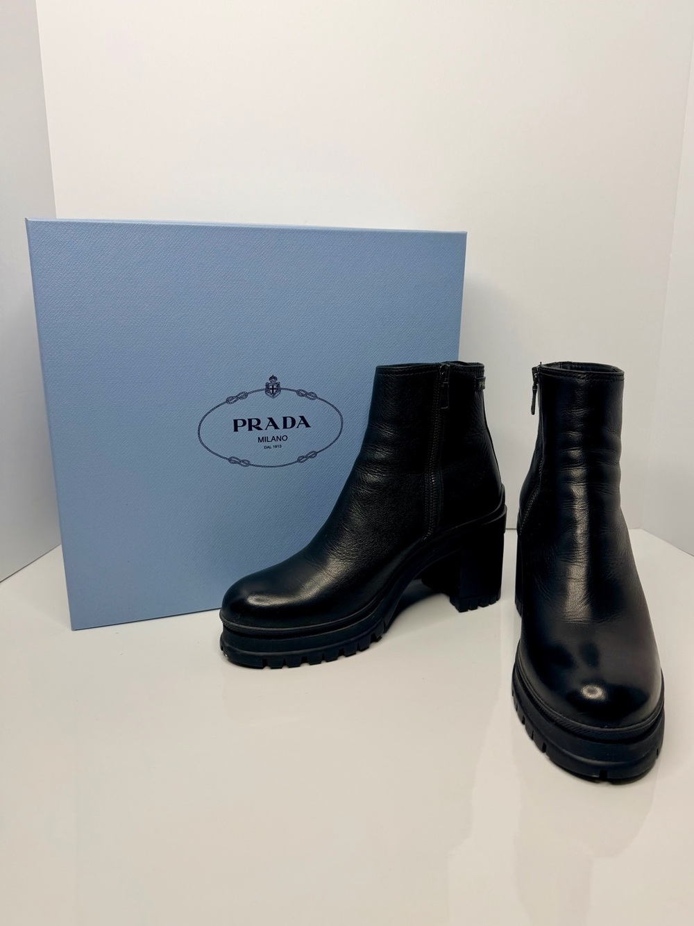 Authentic Prada Leather Lug Sole Zipped Boots